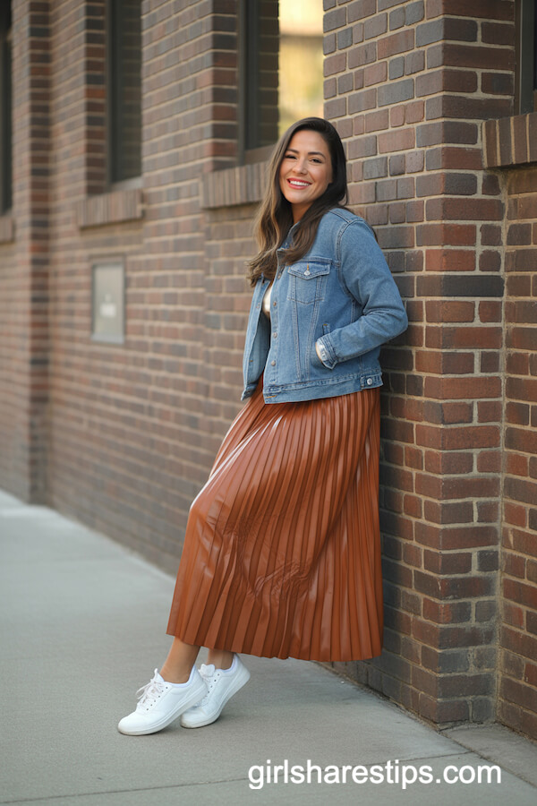 Denim Jacket with Burnt Orange Pleated Skirt