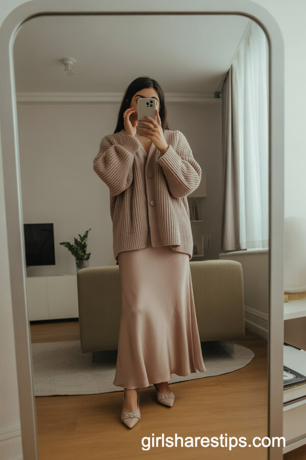 Neutral Cardigan with Silky Blush Skirt