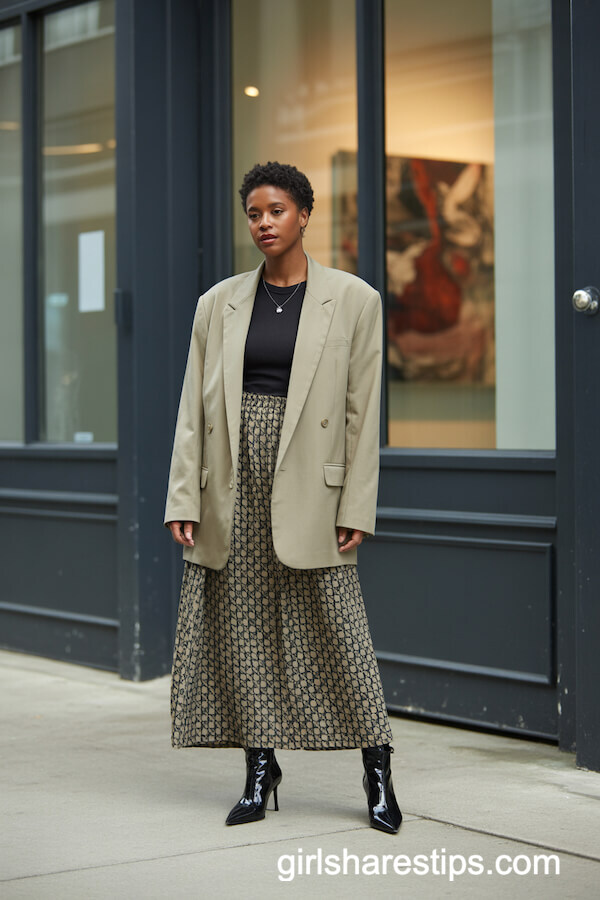 Beige Blazer with Geometric Print Skirt