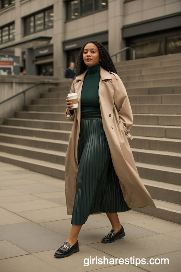 Beige Trench Coat with Forest Green Pleated Skirt