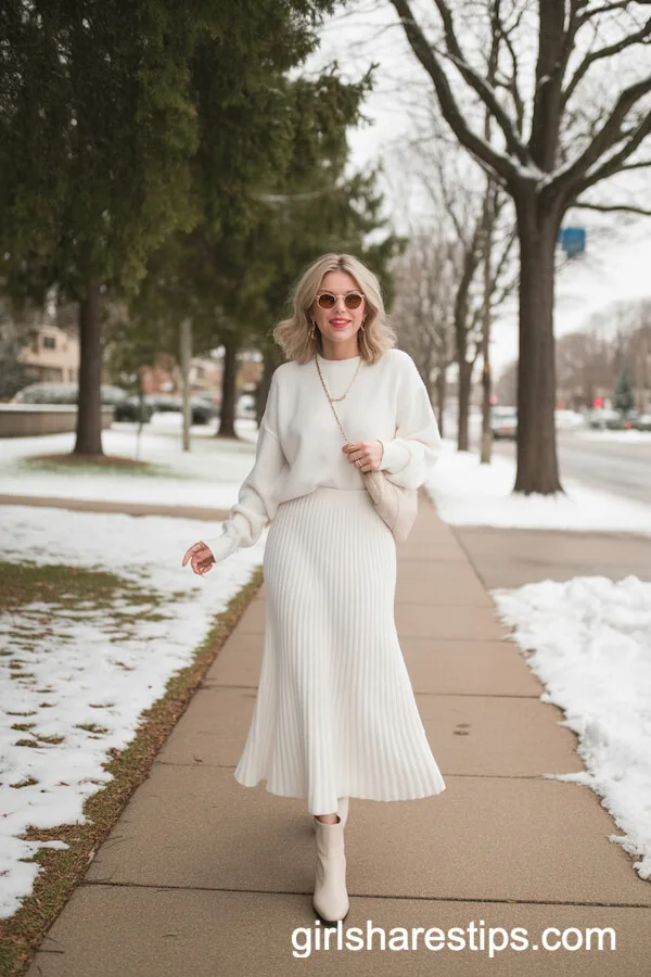 White Knit Skirt and Sweater Set with Ivory Ankle Boots