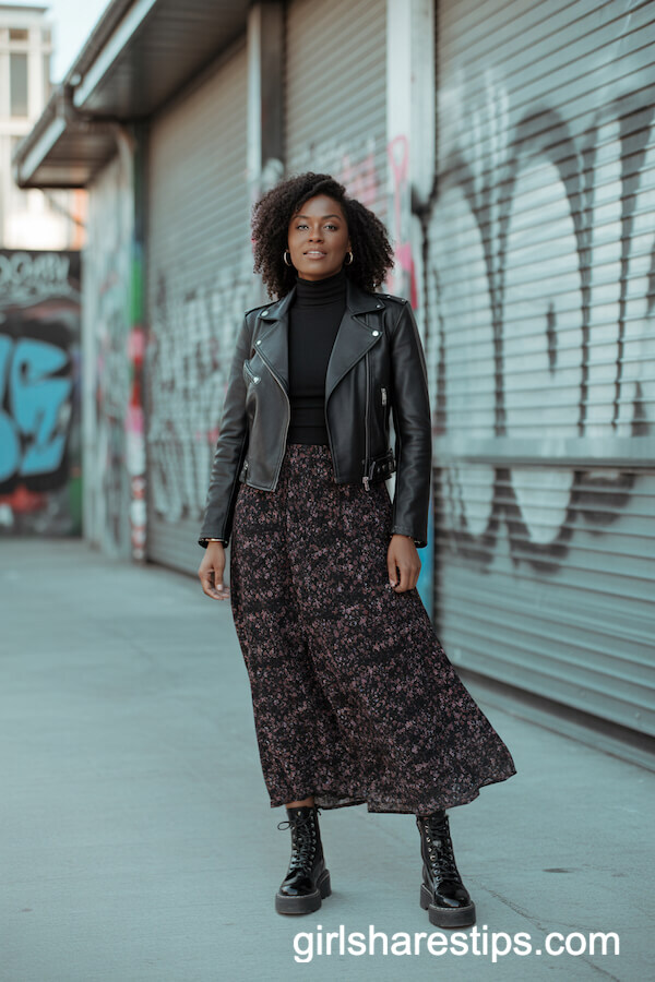 Dark Floral Skirt with Moto Jacket and Combat Boots