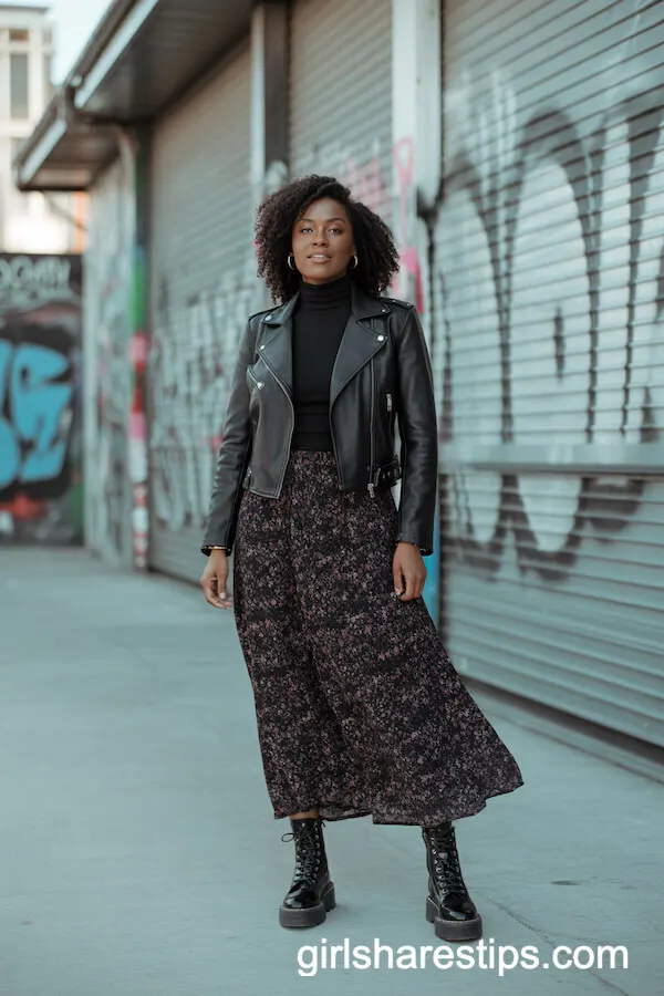 Dark Floral Skirt with Moto Jacket and Combat Boots