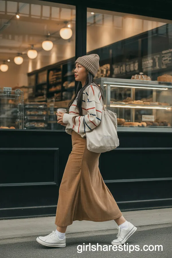 Tan Corduroy Skirt with Striped Sweater and Retro Sneakers