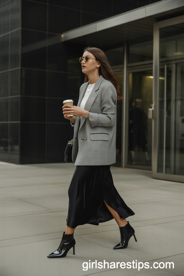 Business Chic with Blazer and Black Silk Long Skirt