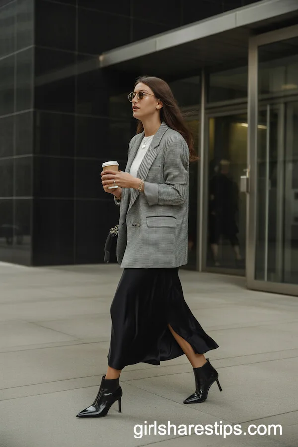 Business Chic with Blazer and Black Silk Long Skirt