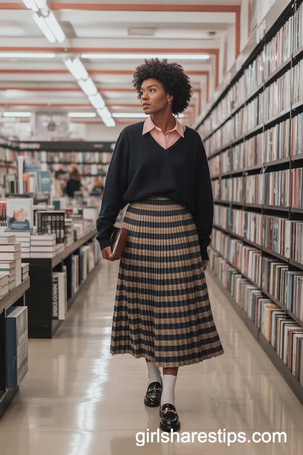 Pleated Plaid Long Skirt with Sweater and Classic Loafers