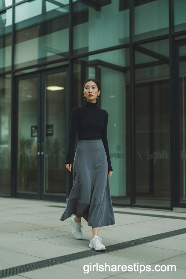 Minimalist Black Turtleneck and Gray Long Skirt with White Sneakers