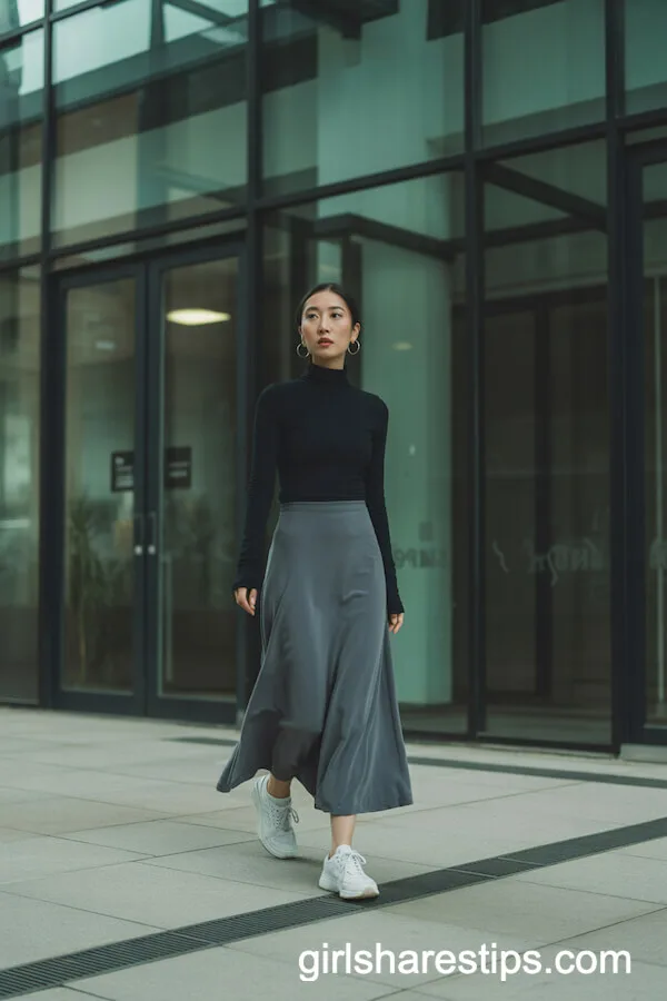 Minimalist Black Turtleneck and Gray Long Skirt with White Sneakers