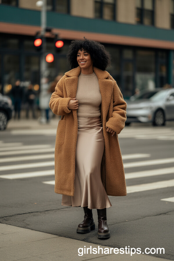 Teddy Coat Layered Over Satin Long Skirt and Chunky Boots