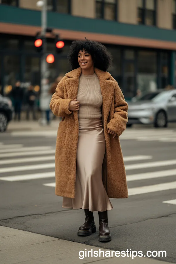 Teddy Coat Layered Over Satin Long Skirt and Chunky Boots