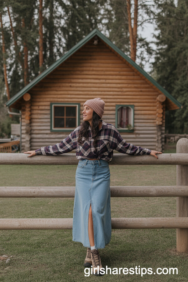 Plaid Flannel Shirt with Denim Maxi Skirt and Hiking Boots