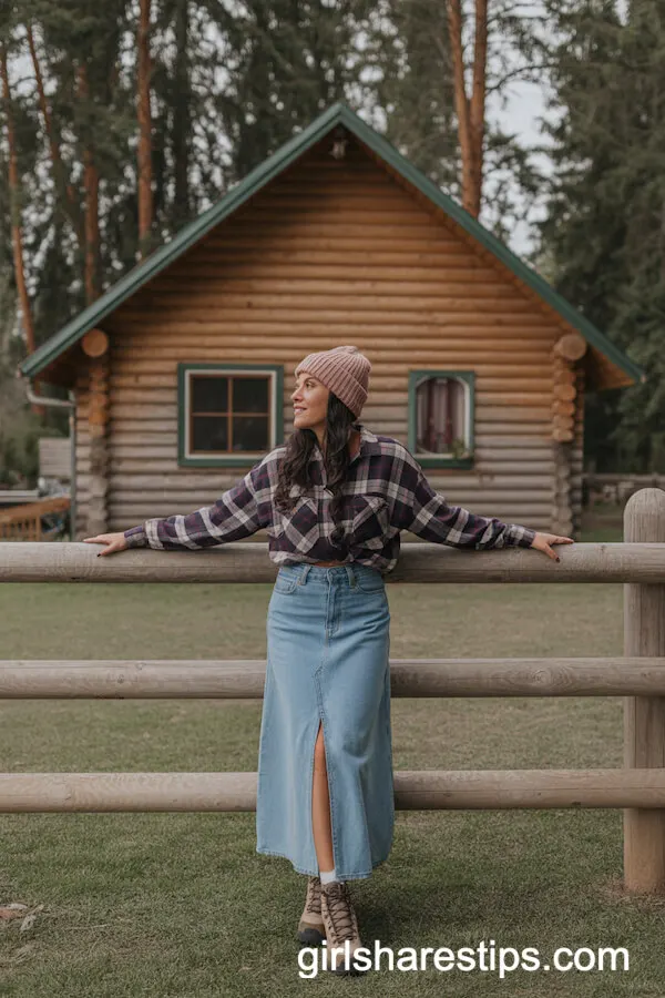 Plaid Flannel Shirt with Denim Maxi Skirt and Hiking Boots