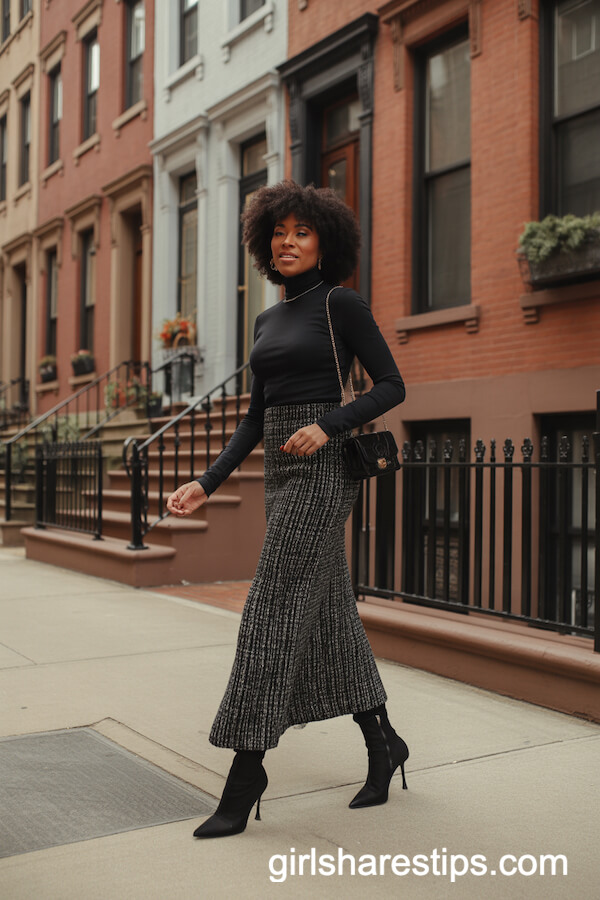 Chic Black Turtleneck and Tweed Long Skirt with Heeled Boots