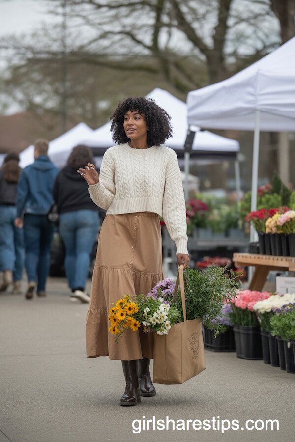 Tan Long Skirt with Cropped Sweater and Riding Boots