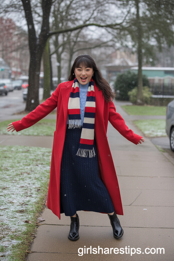 Bold Red Coat Navy Knit Skirt Striped Scarf Ankle Boots