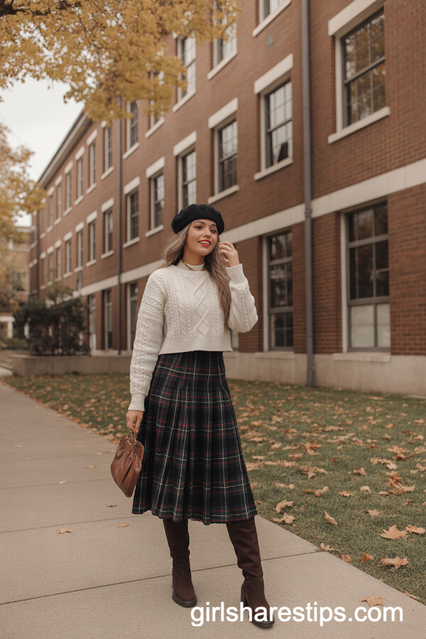 Plaid Wool Skirt with Cable-Knit Sweater and Knee-High Boots