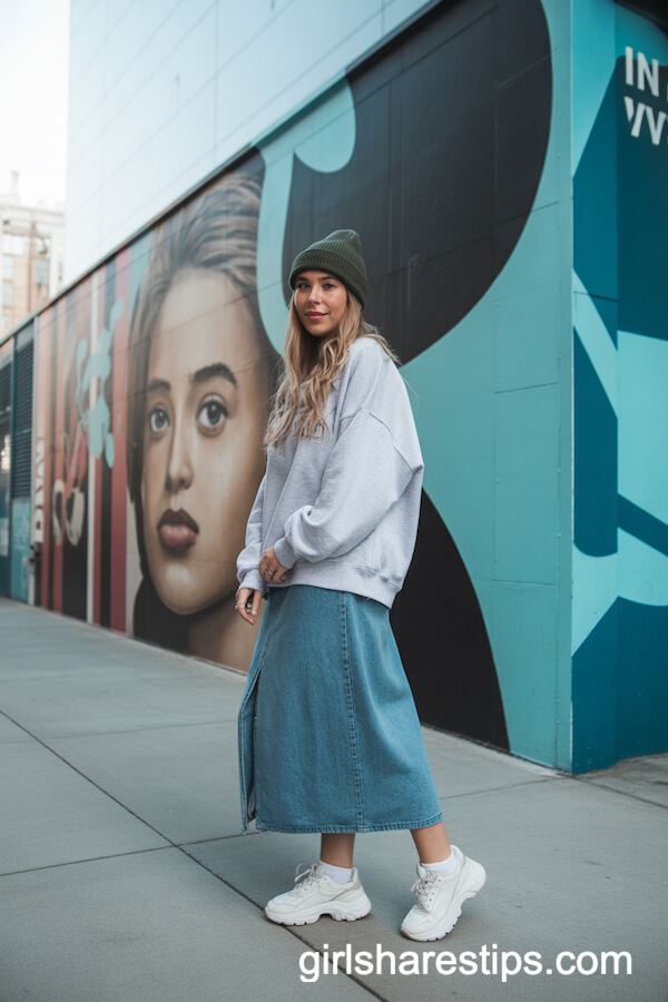Denim Long Skirt with Oversized Sweatshirt and Sneakers