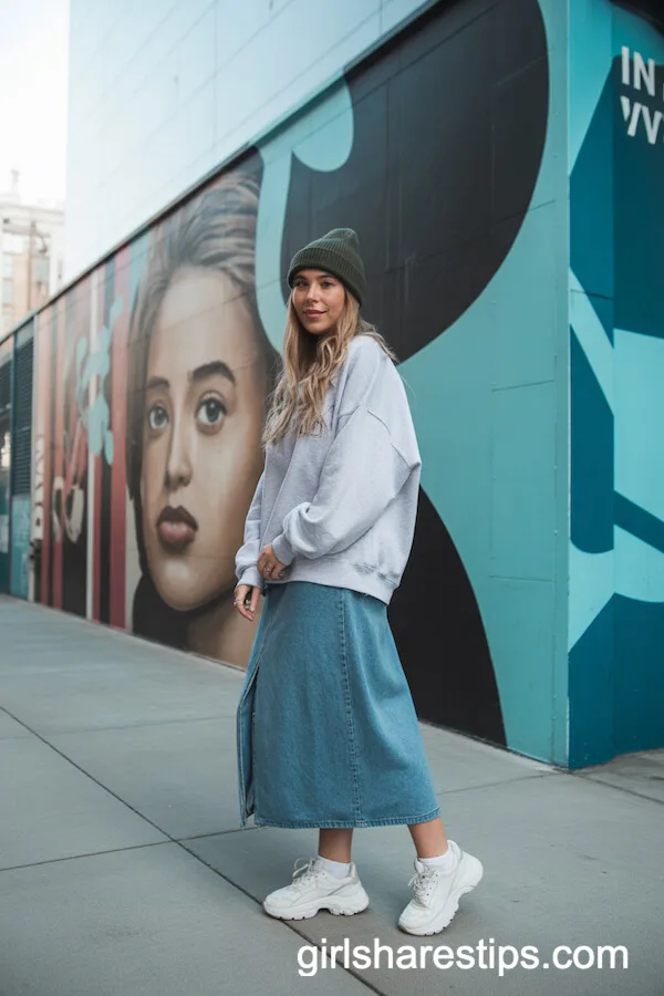 Denim Long Skirt with Oversized Sweatshirt and Sneakers