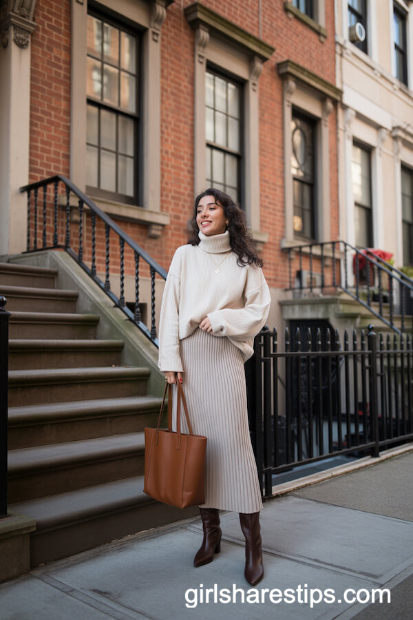 Cream Turtleneck and Knit Long Skirt with Over-the-Knee Boots