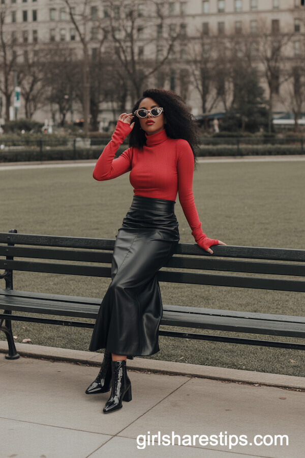 Black Faux Leather Skirt Paired with Red Turtleneck and Heeled Boots