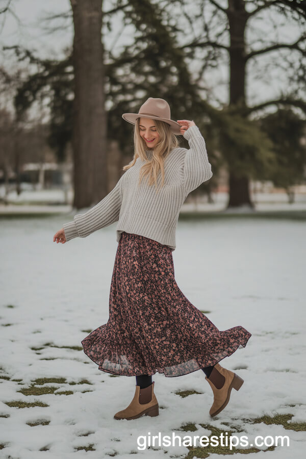 Floral Boho Maxi Skirt with Oversized Sweater and Suede Boots