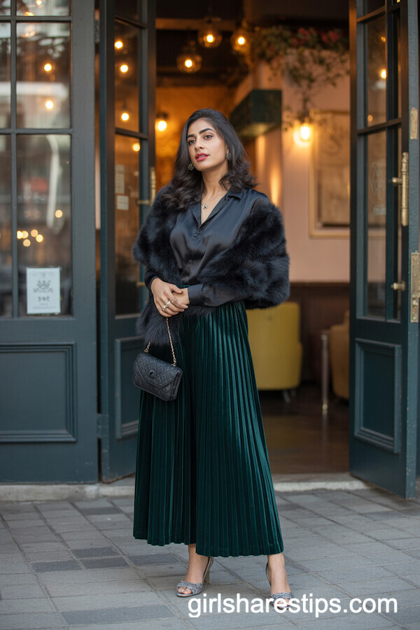 Emerald Velvet Long Skirt with Silk Blouse and Faux Fur Shawl