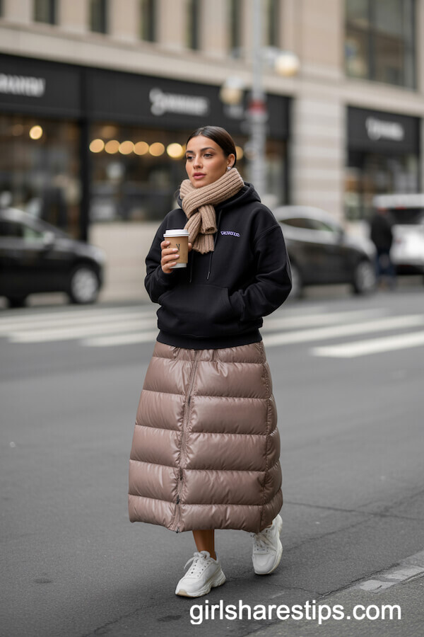 Beige Puffer Skirt Styled with Hoodie and Chunky Scarf