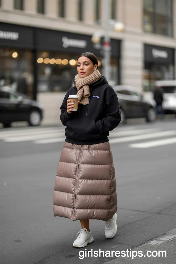 Beige Puffer Skirt Styled with Hoodie and Chunky Scarf