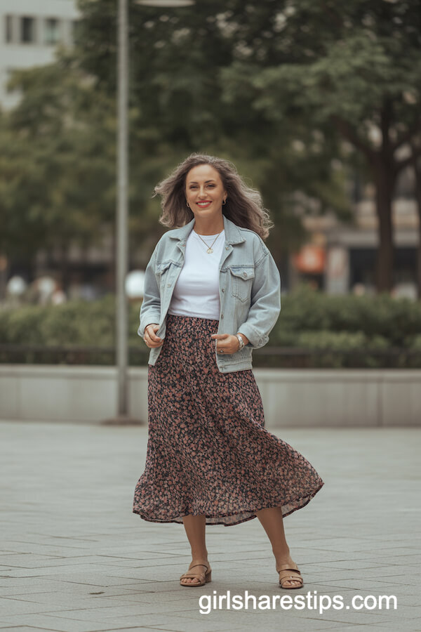 Floral Long Skirt with Denim Jacket