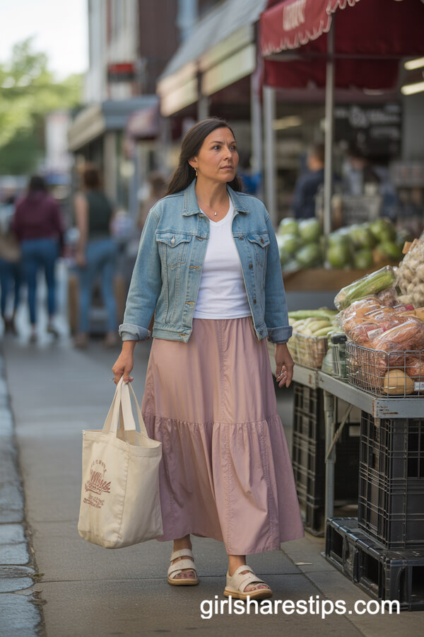 Light Pink Maxi Skirt with Denim Jacket