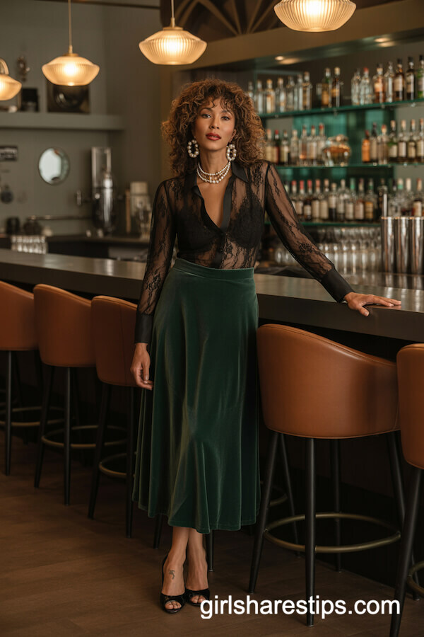 Deep Green Velvet Skirt with Black Lace Blouse