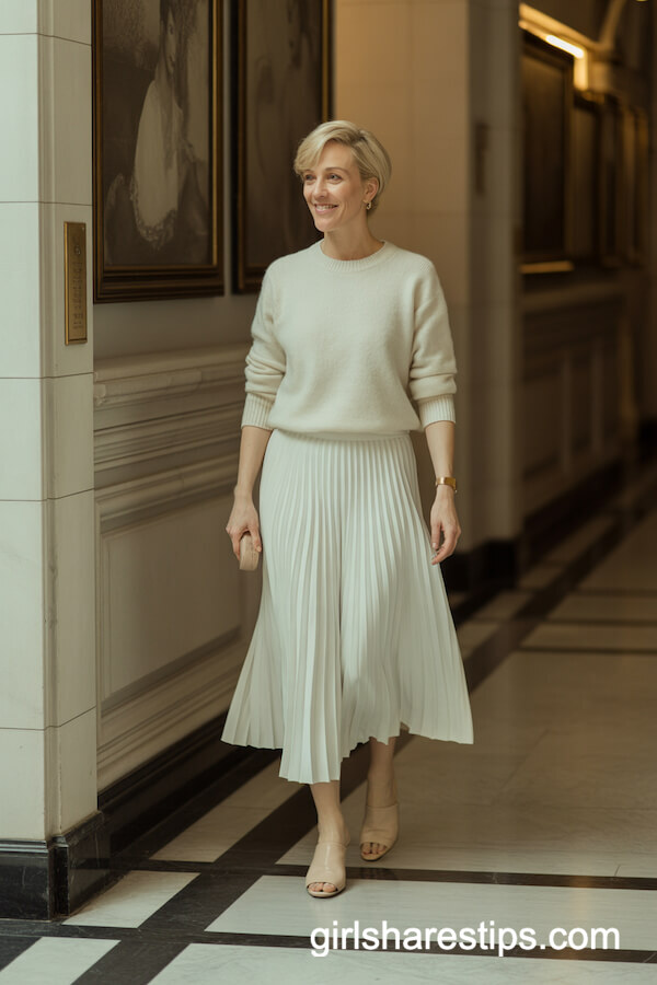 White Pleated Skirt with Cashmere Sweater
