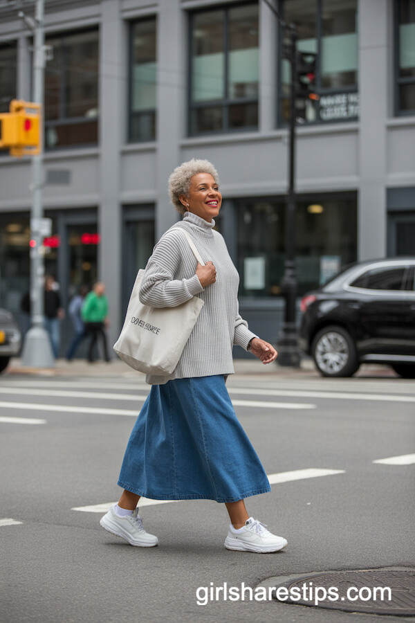 Denim Maxi Skirt with Oversized Sweater