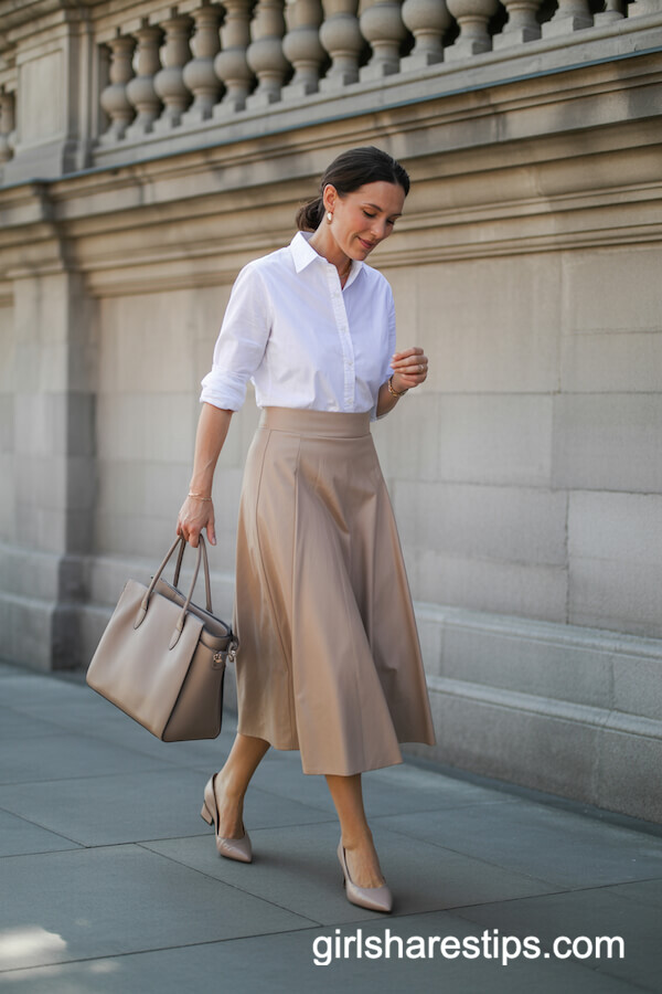 Beige A-Line Skirt with White Button-Up Shirt