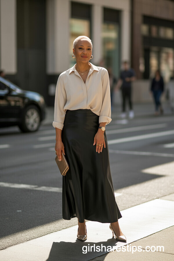 Sleek Black Maxi Skirt with Cream Blouse