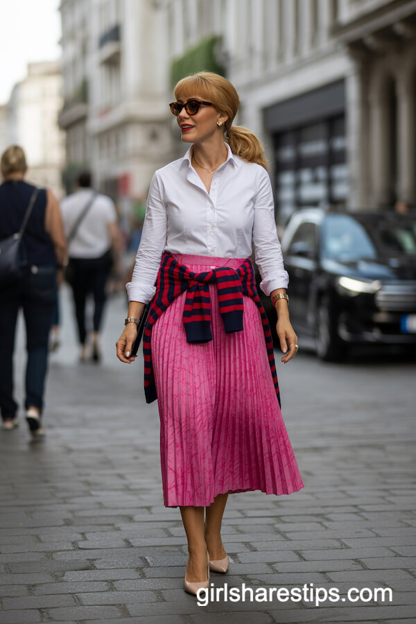 Bright Pink Pleated Skirt with White Button-Up