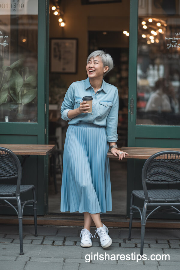 Sky-Blue Pleated Skirt with Denim Shirt