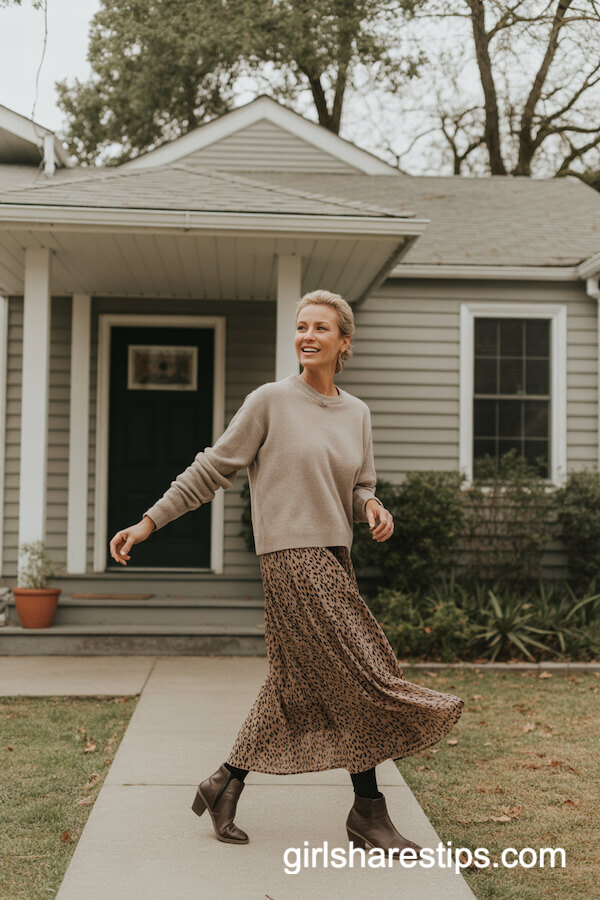Animal Print Skirt with Knit Sweater