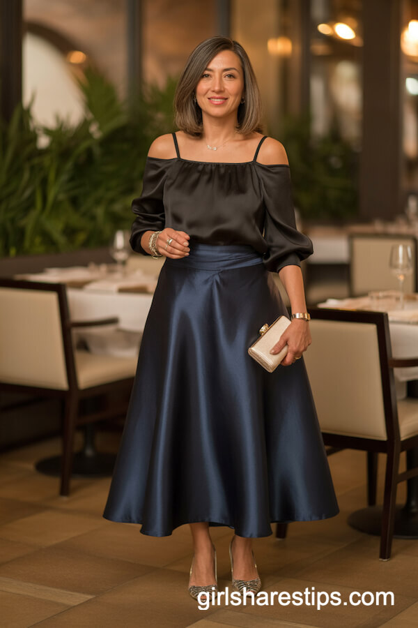 Navy Satin Maxi Skirt with Off-Shoulder Blouse