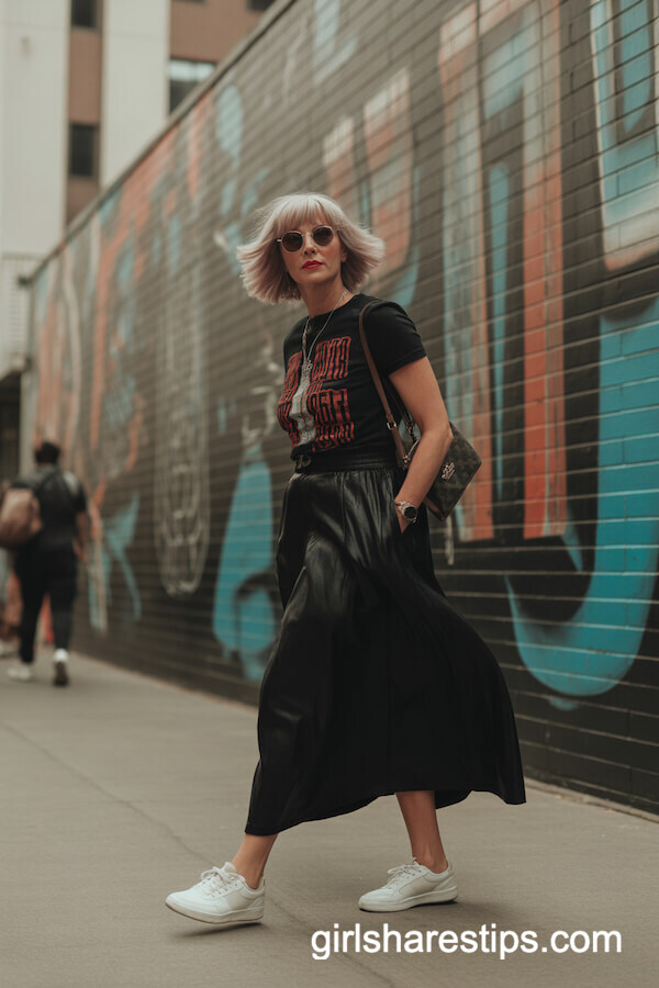 High-Waisted Black Skirt with Graphic T-Shirt