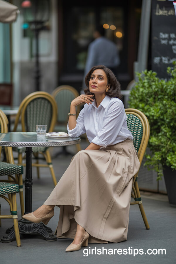 Beige Long Skirt with Crisp White Blouse