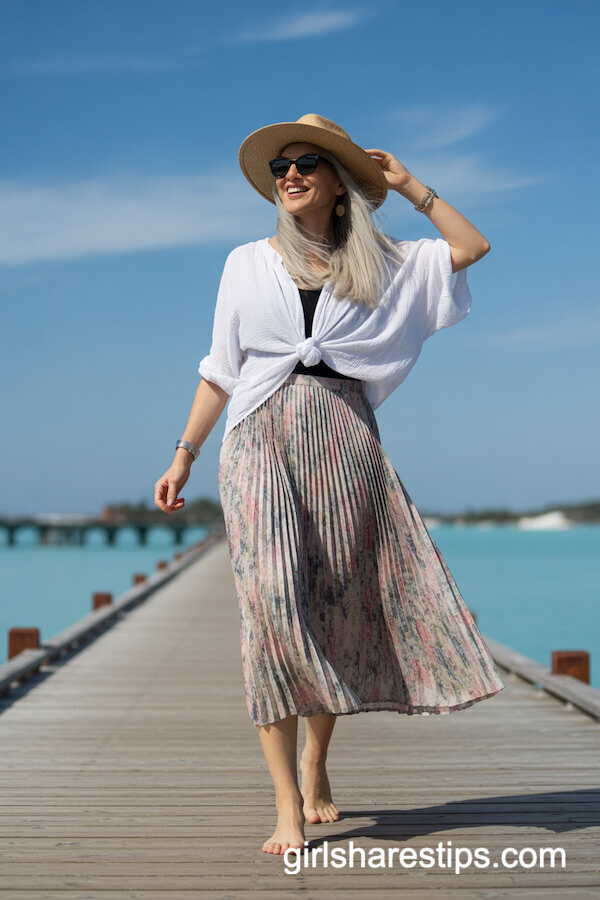 Colorful Floral Pleated Skirt with White Blouse