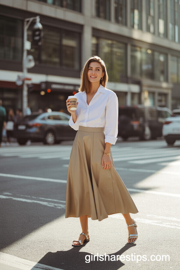Crisp White Blouse with Beige A-line Long Skirt