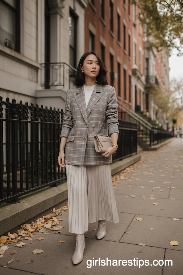 Gray Plaid Blazer with Pleated Cream Long Skirt