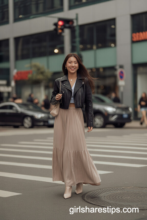 Cropped Black Leather Jacket with Beige Maxi Skirt