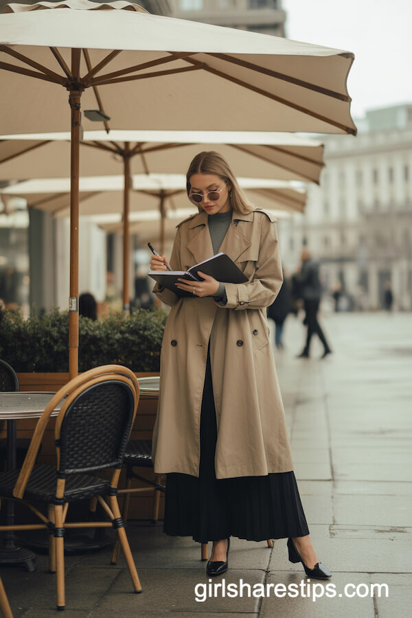 Classic Khaki Trench Coat with Long Black Skirt