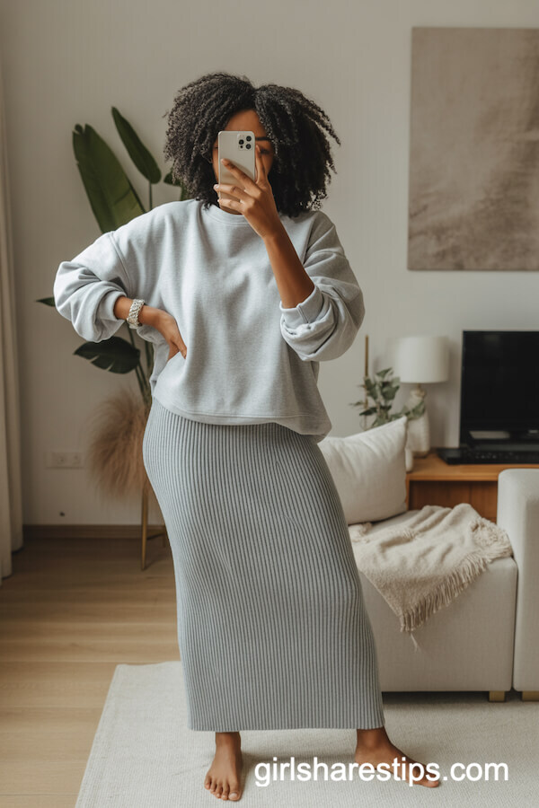 Oversized Gray Sweatshirt with Ribbed Jersey Maxi Skirt