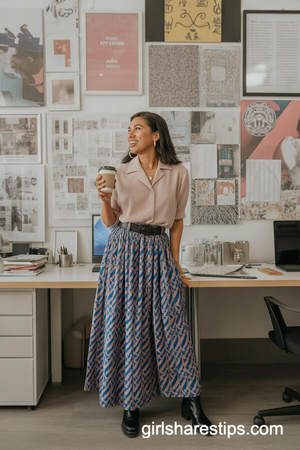 Belted Pastel Blouse with Geometric-Patterned Skirt