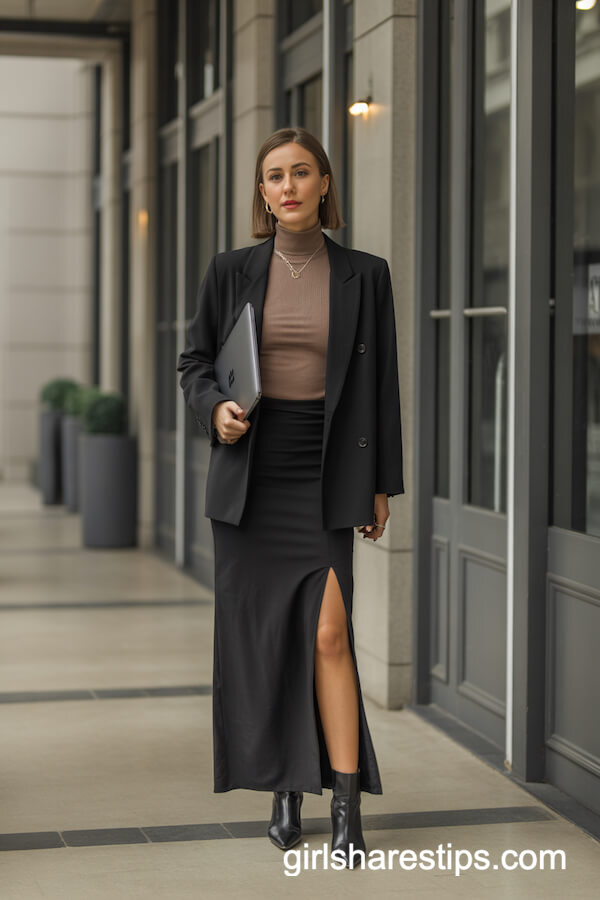 Mocha Turtleneck with Tailored Black Blazer and Maxi Skirt